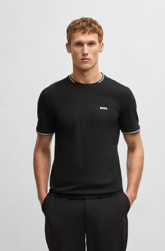 Camiseta de algodón elástico con rayas y logotipo.