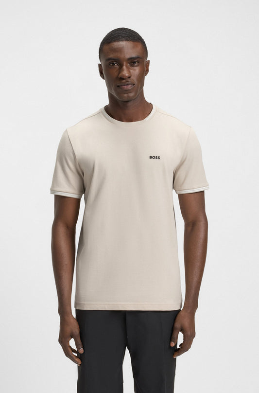 Camiseta de algodón elástico con rayas y logotipo.
